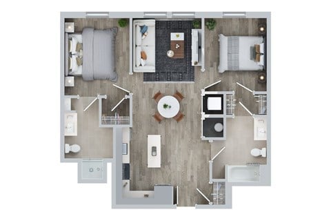 Floor plan for 2 beds, 2 baths, 960 sqft